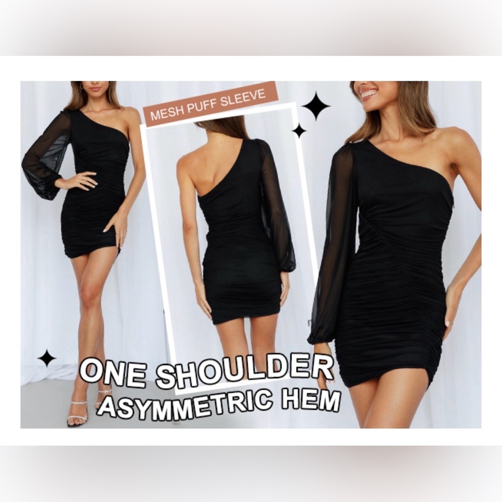 ANRABESS Black One Shoulder Ruched Bodycon Mini Dress Puff Sleeve Small - Picture 2 of 6